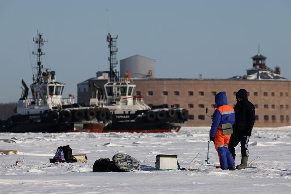 Рыбаки на замерзшем Финском заливе у форта "Император Александр I" (Чумной форт) в Кронштадте.  - Sputnik Грузия