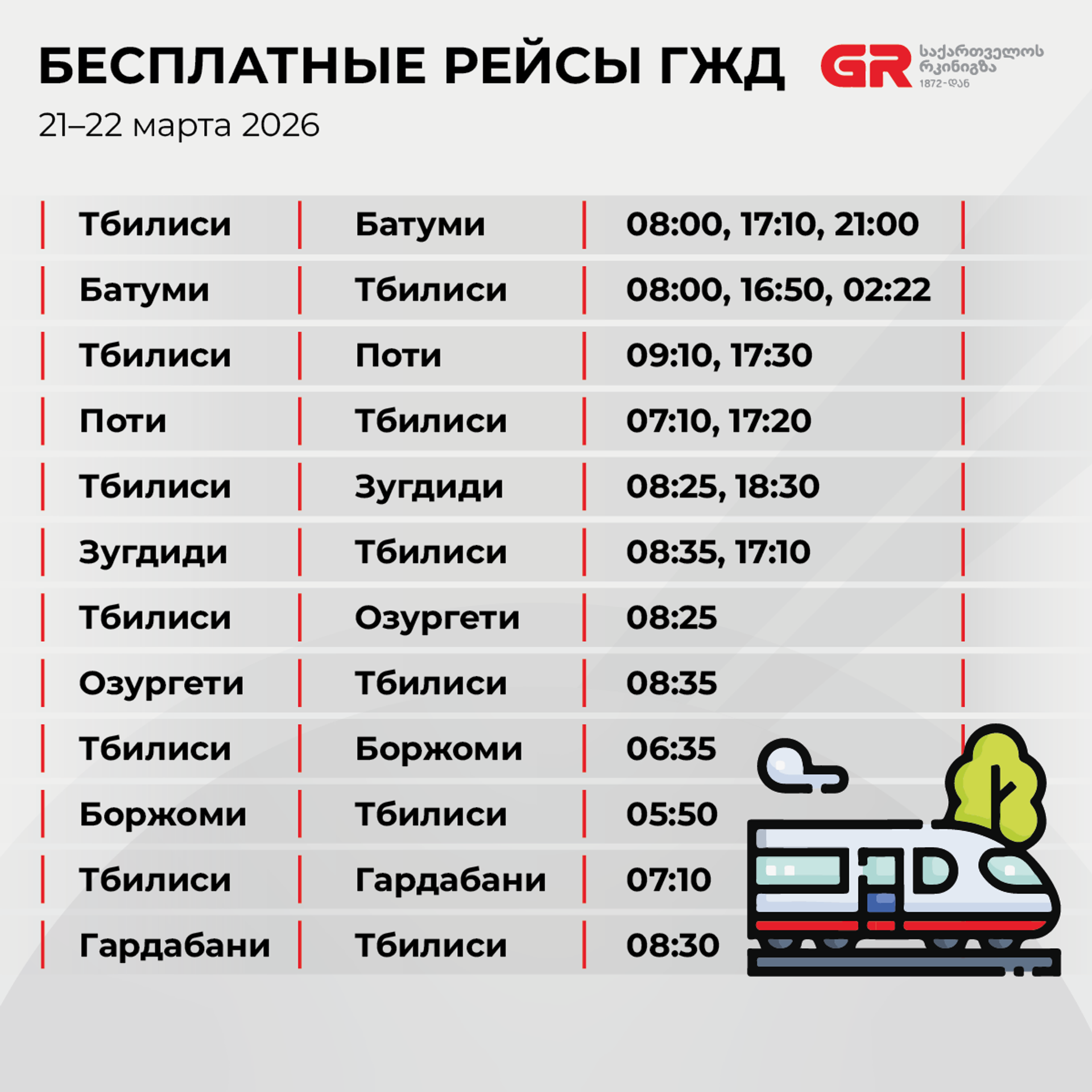 Список бесплатных рейсов ГЖД - Sputnik Грузия, 1920, 19.03.2026