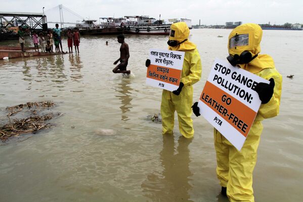 გარემოსდამცველი აქტივისტები მდინარე განგში პლაკატებით დგანან, რათა გააპროტესტონ მდინარის წყლის დაბინძურება ტყავის მრეწველობის ნარჩენებით (კალკუტა, ინდოეთი). - Sputnik საქართველო