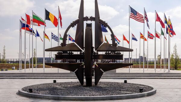 Флаги стран-участниц НАТО и эмблема альянса перед штаб-квартирой  НАТО в Брюсселе - Sputnik Грузия