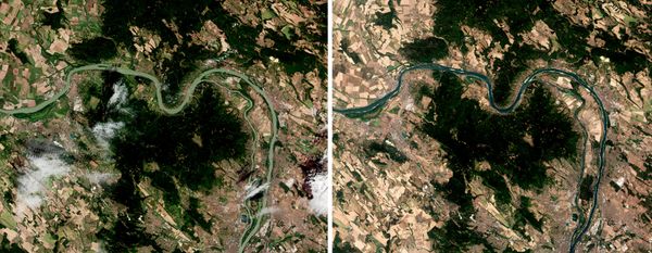 На снимках со спутника Copernicus Sentinel–2 показан участок реки Дунай примерно в 45 км к северу от венгерской столицы Будапешта.Слева – спутниковый снимок от 9 августа 2025 года, на котором река протекает через летний пейзаж с желтыми и зелеными полями. На снимке справа – тот же участок реки 4 августа 2026 года, где уровень Дуная заметно ниже, видны песчаные отмели, а местность гораздо суше. - Sputnik Грузия