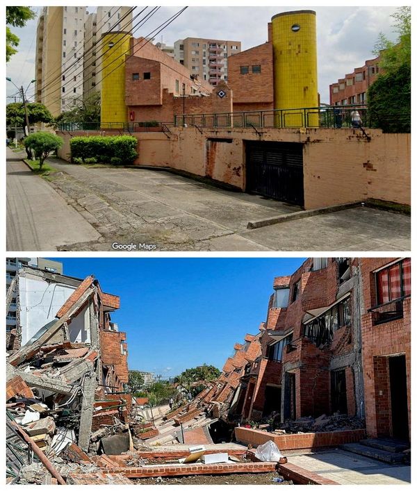 Жилой комплекс Condominio Pio XII в городе Кали в ноябре 2022 года (вверху) и разрушенный комплекс после землетрясения 10 августа. - Sputnik Грузия