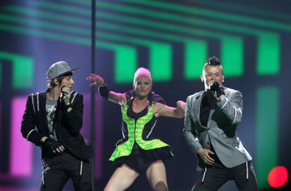 Участники конкурса Евровидение -2012 от Австрии, дуэт Trackshittaz на сцене комплекса Baku Crystal Hall в Баку. - Sputnik Грузия