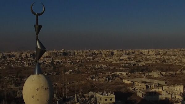 Разрушенный артобстрелами пригород Дамаска. Съемка с беспилотника - Sputnik Грузия