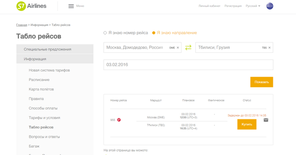 Скриншот с сайта S7: рейс задерживается - Sputnik Грузия