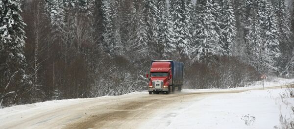 Трейлер едет по участку занесенной снегом дороги - Sputnik Грузия