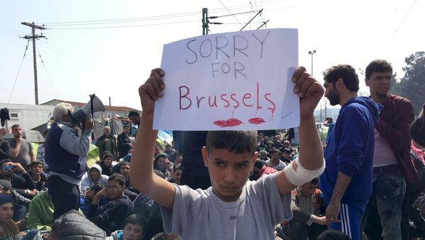 Мальчик держит плакат с надписью Сожалеем о Брюсселе в лагере беженцев на границе Греции и Македонии. - Sputnik Грузия
