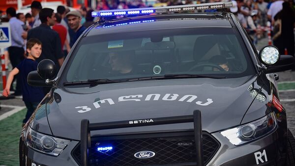 Жители столицы Грузии сидят на местах патрульных в полицейской машине - Sputnik Грузия