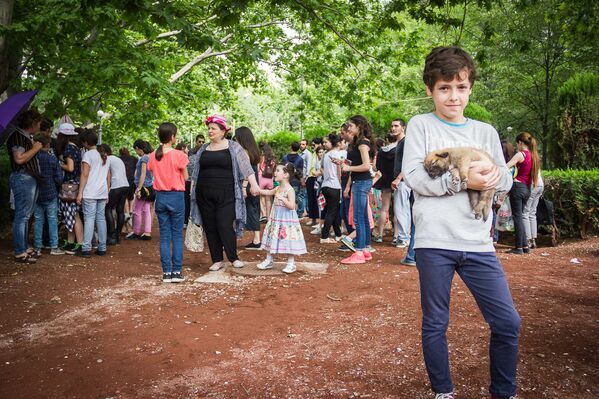 Мальчик, который выбрал себе щенка на акции по раздаче домашних животных в парке Ваке. - Sputnik Грузия