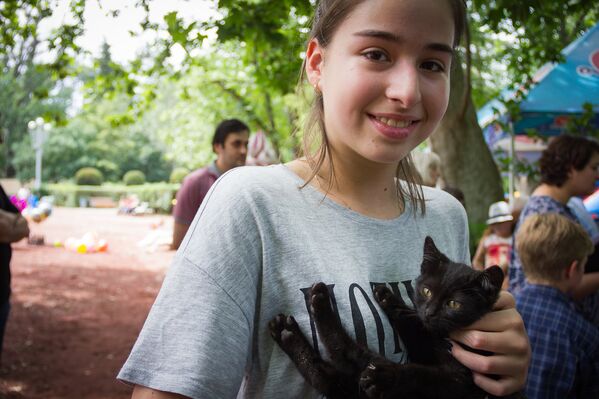 Девочка держит в руках котенка на акции по раздаче домашних животных в парке Ваке. - Sputnik Грузия