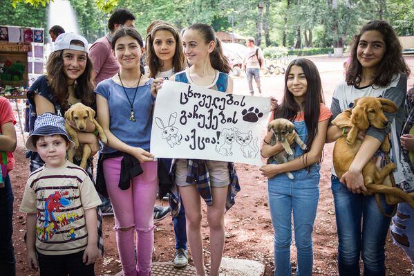 Девочки в парке Ваке держат в руках плакат с надписью Акция - Подари домашнего питомца. - Sputnik Грузия