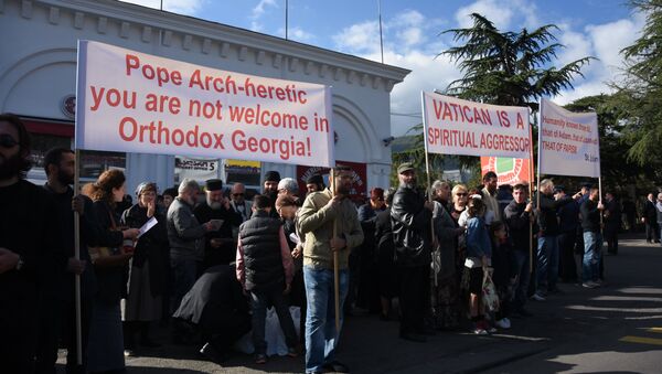 Акция протеста у стадиона в Тбилиси, где служит мессу Папа Римский - Sputnik Грузия