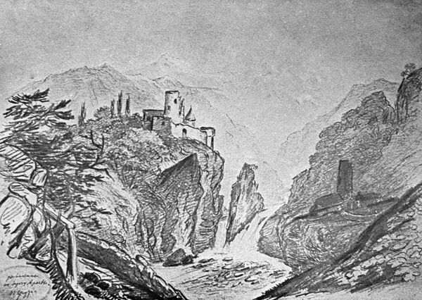 Репродукция рисунка Михаила Лермонтова Развалины на берегу Арагви в Грузии - Sputnik Грузия