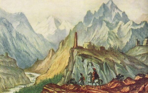 Михаил Лермонтов Вид Крестовой горы из ущелья близ Коби, автолитография, раскрашенная акварелью, 1837–38 годы - Sputnik Грузия