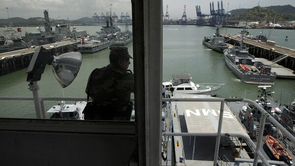 Сотрудник морской полиции Панамского канала наблюдает за кораблями на военно-морской базе - Sputnik Грузия