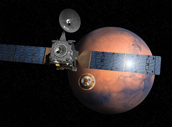 Изображение ExoMars 2016 во время отстыковки посадочного модуля на фоне Марса Изображение ExoMars 2016 во время отстыковки посадочного модуля на фоне Марса - Sputnik Грузия