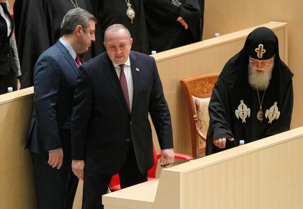 Георгий Квирикашвили, Георгий Маргвелашвили и Католикос-Патриарх Всея Грузии Илия Второй - Sputnik Грузия