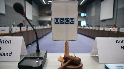 Флаг и молоток ОБСЕ на открытии заседания в Центре конференций «Хофбург» в Вене, 28 января 2008 года