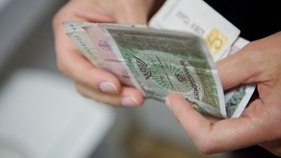 Человек держит в руках купюры грузинской валюты лари различного номинала