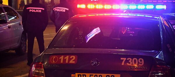 Сотрудники патрульной полиции на фоне полицейской машины - Sputnik Грузия