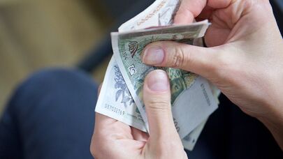 Человек пересчитывает купюры грузинской валюты лари различного номинала