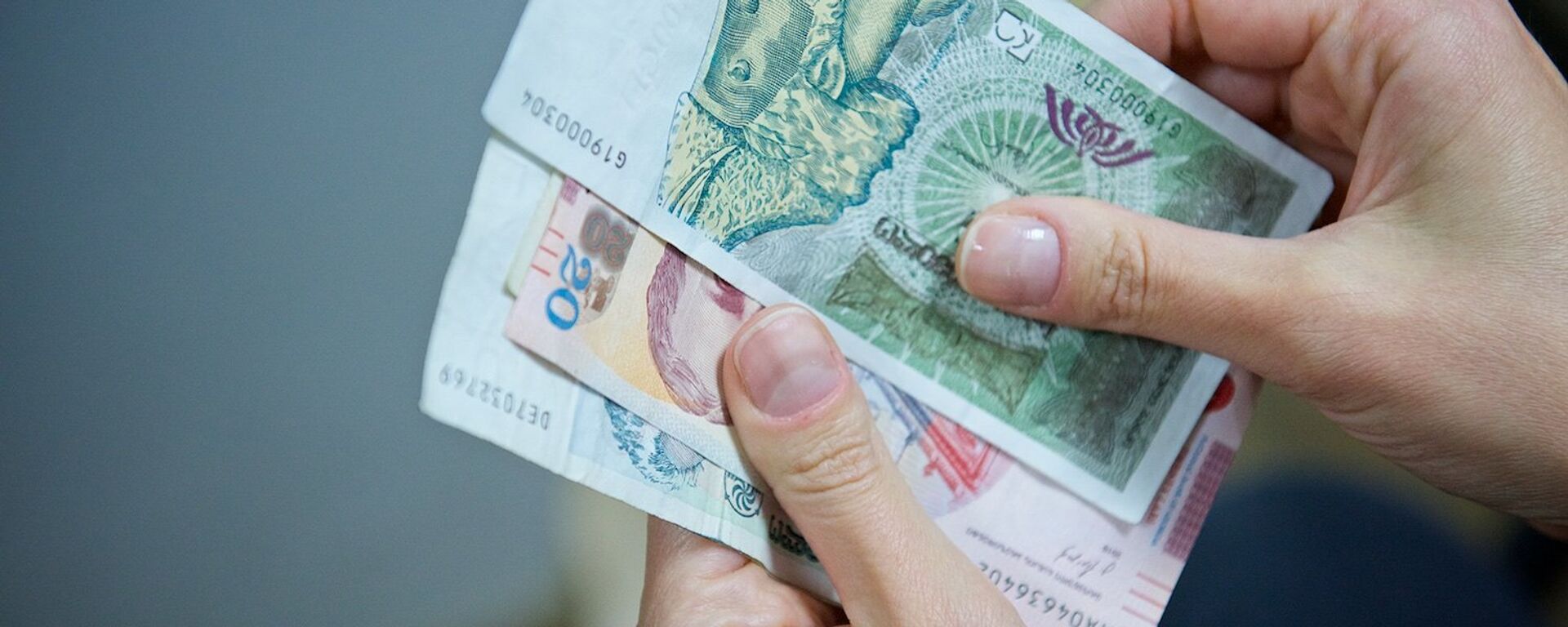 Человек держит в руках купюры грузинской валюты лари различного номинала - Sputnik Грузия, 1920, 09.12.2021