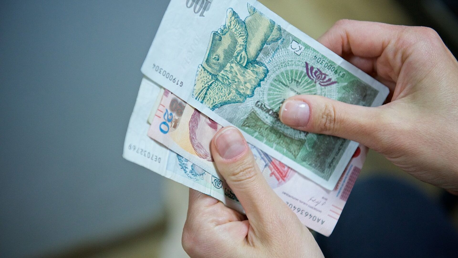 Человек держит в руках купюры грузинской валюты лари различного номинала - Sputnik Грузия, 1920, 09.12.2021