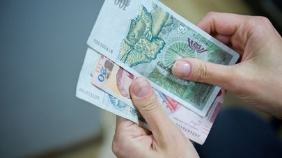 Человек держит в руках купюры грузинской валюты лари различного номинала