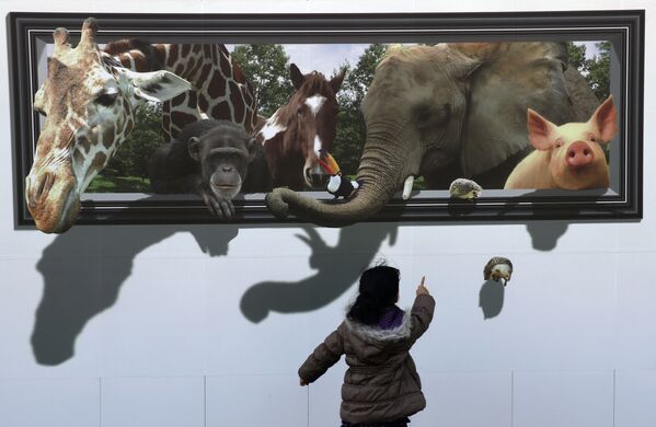 Девочка смотрит на 3D-изображение животных на стене, ограждающей строительство площадки для стрельбы из лука для Олимпийских игр 2020 в Токио - Sputnik Грузия
