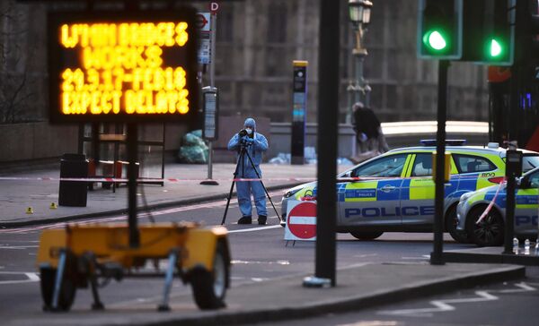 Полицейские ведут изучение места преступления у Вестминстерского моста неподалеку от здания Парламента в Лондоне - Sputnik Грузия