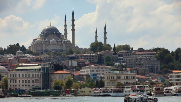 Вид на Голубую мечеть через пролив Босфор в Стамбуле, Турция - Sputnik Грузия