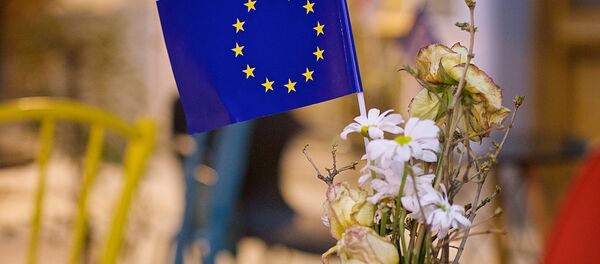 Флажок ЕС на столике в одном из тбилисских кафе Флажок ЕС на столике в одном из тбилисских кафе - Sputnik Грузия
