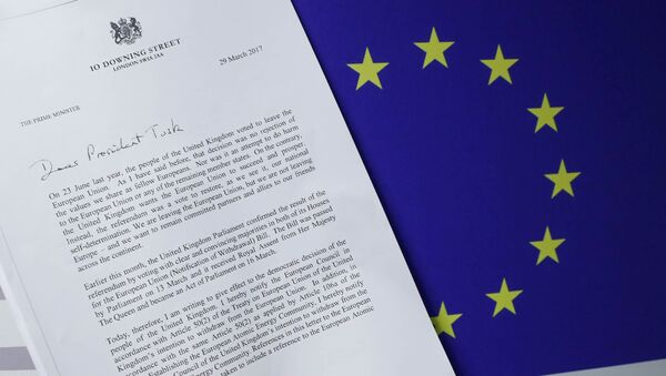 Копия письма британского премьер-министра Терезы Мэй c уведомлением о намерении Великобритании покинуть ЕС рядом с европейским флагом - Sputnik Грузия