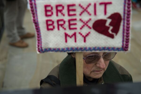 Одна из участников акции протеста против Брексит на Даунинг-стрит в Лондоне. Великобритания официально начала процесс выхода из Европейского Союза 29 марта - Sputnik Грузия