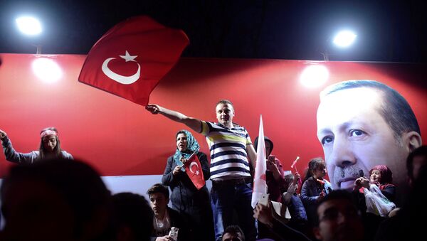 Сторонники президента Турции Тайипа Эрдогана празднуют в Стамбуле - Sputnik Грузия