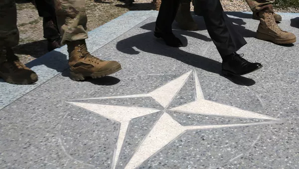 Люди идут по плацу с символикой НАТО - Sputnik Грузия