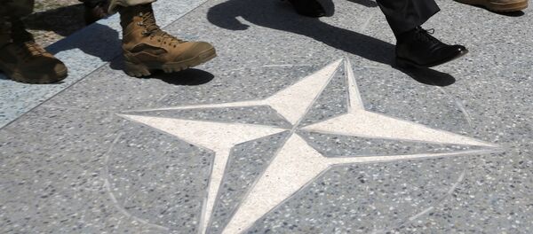 Люди идут по плацу с символикой НАТО - Sputnik Грузия