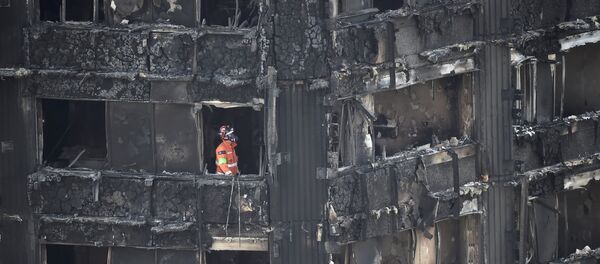 Один из сотрудников службы спасения работает на месте пожара в многоэтажном жилом доме в Лондоне - Sputnik Грузия