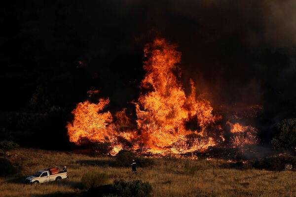Пожарные занимаются ликвидацией лесного пожара в районе Калывии, вблизи Афин, Греция - Sputnik Грузия
