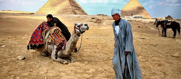Местные жители стоят у пирамид в Гизе, 2011 год - Sputnik Грузия