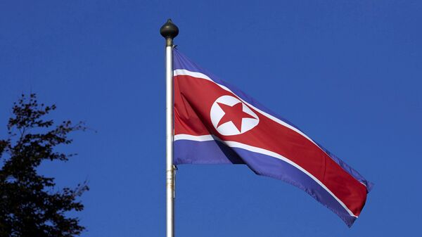 Флаг Северной Кореи на мачте в Постоянном представительстве Северной Кореи в Женеве - Sputnik Грузия