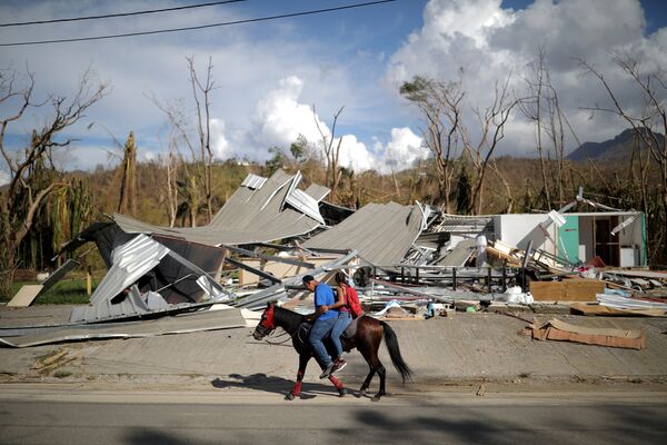 Местные жители едут на лошади у разрушенного здания после урагана Мария в Пуэрто-Рико - Sputnik Грузия