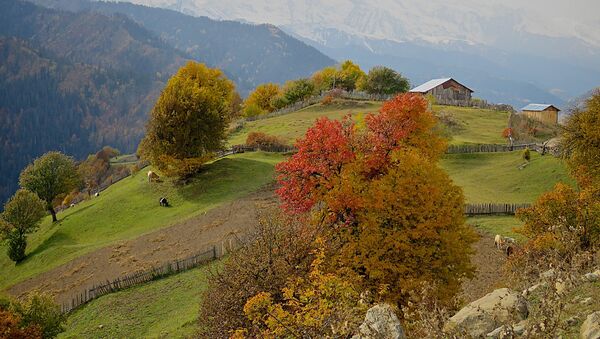 Виды региона Сванети - краски осени. Вид на деревню Цвирми, расположенную практически на вершине горы - Sputnik Грузия