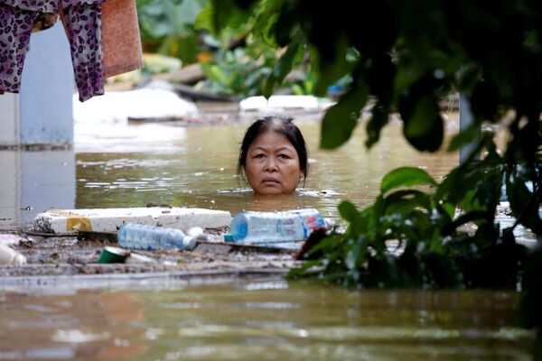 Провинции Вьетнама пострадали от наводнения. На фото - женщина пробирается через затопленную улицу после тайфуна Дамри - Sputnik Грузия