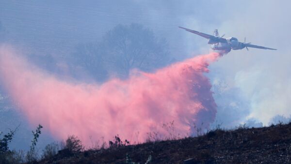 Пожарный самолет сбрасывает воду на горящий лес в Калифорнии - Sputnik Грузия