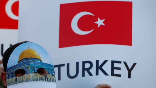Человек в маске с изображением Купола Скалы принимает участие в проамериканской демонстрации возле Стамбульского конгресс-центра, когда лидеры и представители стран-членов Организации Исламского сотрудничества (ОИК) собираются на внеочередное заседание в Стамбуле, Турция - Sputnik Грузия