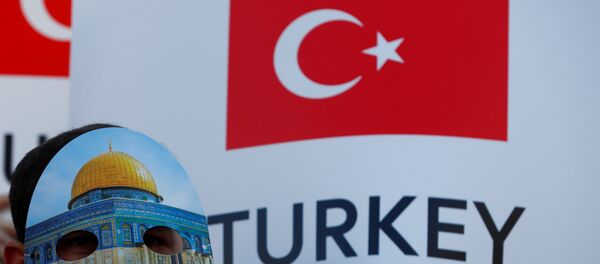 Человек в маске с изображением Купола Скалы принимает участие в проамериканской демонстрации возле Стамбульского конгресс-центра, когда лидеры и представители стран-членов Организации Исламского сотрудничества (ОИК) собираются на внеочередное заседание в Стамбуле, Турция - Sputnik Грузия