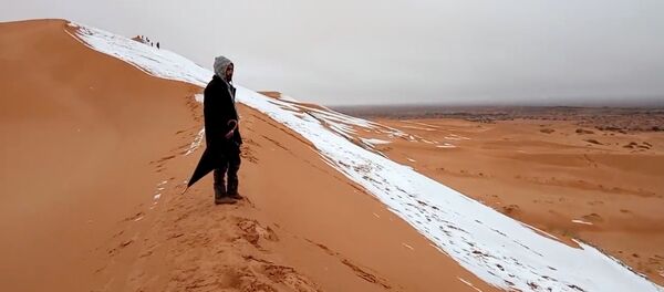 Человек смотрит на выпавший снег в пустыне Сахара - Sputnik Грузия