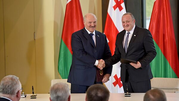 Александр Лукашенко и Георгий Маргвелашвили после церемонии подписания совместных документов - Sputnik Грузия