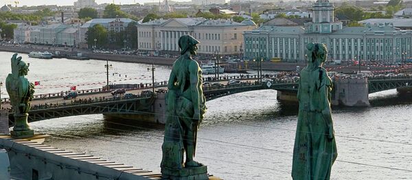 Скульптуры на крыше Эрмитажа. Вид на Дворцовый мост - Sputnik Грузия